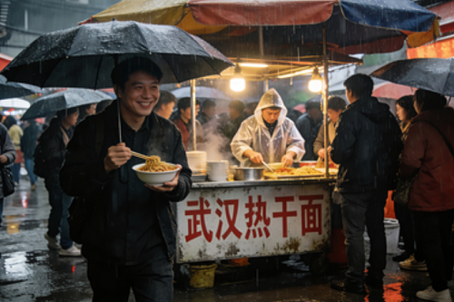 下雨天摆摊卖武汉热干面很多人来买