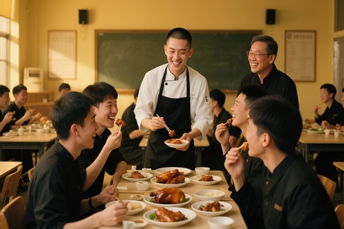 学员学完烧腊技术后师生皆大欢喜的场景