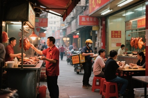 对比摆摊和开店两种经营模式的场景