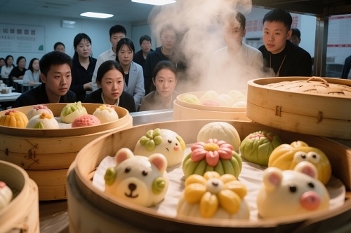 一群学员刚做好的卡通蔬果包子成品