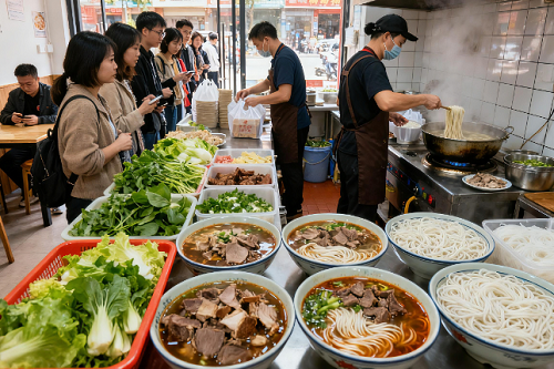 汤粉店生意火爆的样子