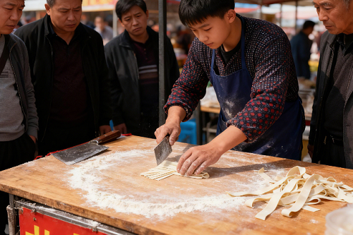 新手摆摊卖刀削面顾客着急地等待着